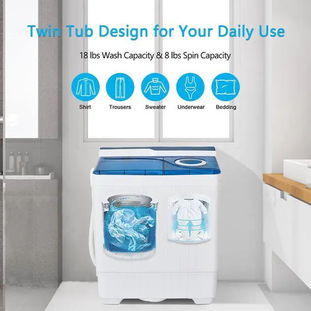 Alt view image 5 of 7 - Portable Washing Machine, Twin Tub 26 Lbs Capacity, 18 Lbs Washer and 8 Lbs Spinner, Compact Washer with Control Knobs, Timer Function, Drain Pump, Laundry washer for Apartment RV, Blue