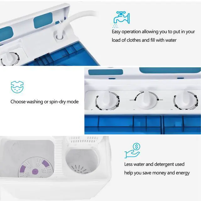 Alt view image 7 of 7 - Portable Washing Machine, Twin Tub 26 Lbs Capacity, 18 Lbs Washer and 8 Lbs Spinner, Compact Washer with Control Knobs, Timer Function, Drain Pump, Laundry washer for Apartment RV, Blue