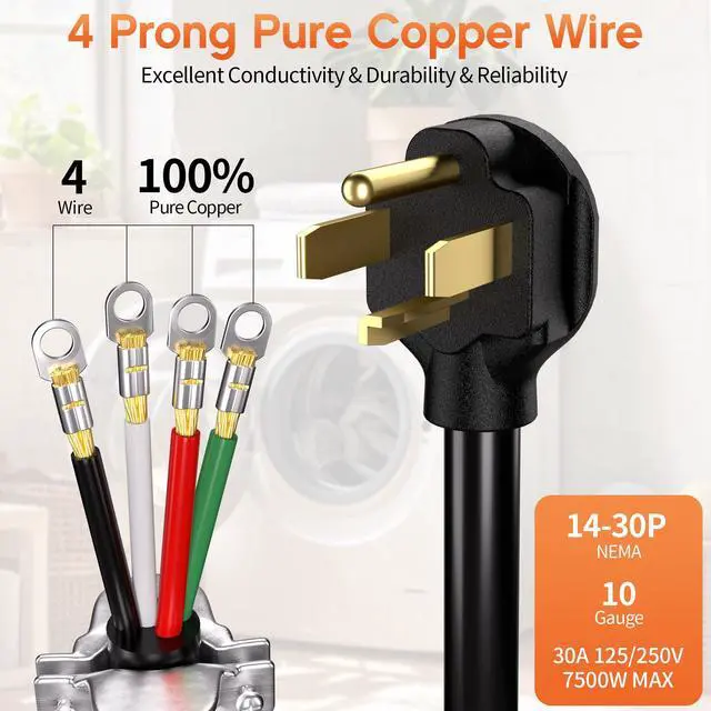 Alt view image 2 of 7 - 25FT 4 Prong Dryer Cord, Pure Copper, NEMA 14-30P Plug, ETL Listed | 4-Wire 30Amp 10 Gauge, Dryer Cord 4 Prong, Dryer Power Cord Replacement, O-Ring Terminals, 250V 7500W, Black, SRDT