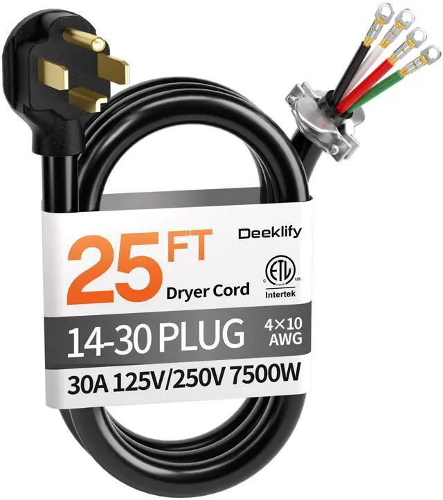 Main image of 25FT 4 Prong Dryer Cord, Pure Copper, NEMA 14-30P Plug, ETL Listed | 4-Wire 30Amp 10 Gauge, Dryer Cord 4 Prong, Dryer Power Cord Replacement, O-Ring Terminals, 250V 7500W, Black, SRDT