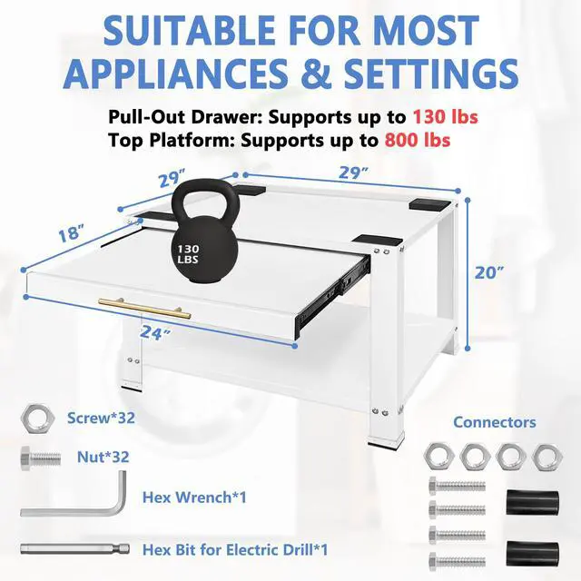 Alt view image 3 of 6 - Washer and Dryer Pedestals Heavy Duty Metal Laundry Pedestal 29"W x 29"D x20"H, Washer Dryer Pedestal Extra Big Screws for Anti-Vibration, Basket Shelf, 800lbs Capacity, White