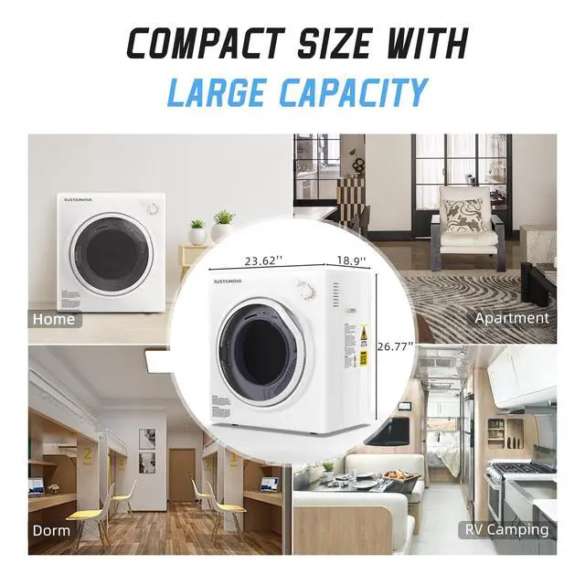 Alt view image 2 of 7 - 1500W Portable Clothes Dryer, 3.5 cu.ft Electric Drying Machine for Laundry with Steel Tub for Apartment, Dorms, Compact Dryer for Small Space, Black/White