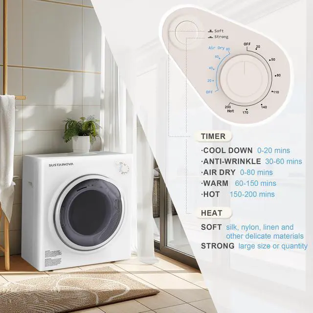 Alt view image 3 of 7 - 1500W Portable Clothes Dryer, 3.5 cu.ft Electric Drying Machine for Laundry with Steel Tub for Apartment, Dorms, Compact Dryer for Small Space, Black/White