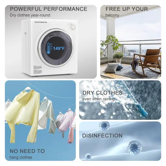 Alt view image 5 of 7 - 1500W Portable Clothes Dryer, 3.5 cu.ft Electric Drying Machine for Laundry with Steel Tub for Apartment, Dorms, Compact Dryer for Small Space, Black/White