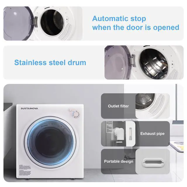Alt view image 4 of 7 - 1500W Portable Clothes Dryer, 3.5 cu.ft Electric Drying Machine for Laundry with Steel Tub for Apartment, Dorms, Compact Dryer for Small Space, Black/White