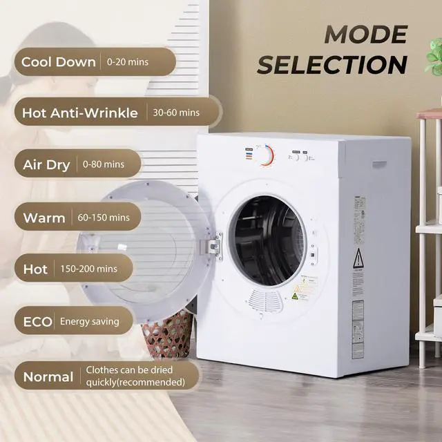 Alt view image 4 of 7 - 1.8 Cu.Ft Portable Clothes Dryer 1020W Compact Laundry Drying | Durable Stainless Steel Drum, 7 Drying Modes with ECO Energy Saving, Wall-Mountable Space-Saver for Apartments & RVs