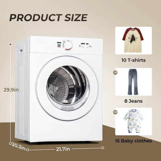 Alt view image 6 of 7 - 1.8 Cu.Ft Portable Clothes Dryer 1020W Compact Laundry Drying | Durable Stainless Steel Drum, 7 Drying Modes with ECO Energy Saving, Wall-Mountable Space-Saver for Apartments & RVs