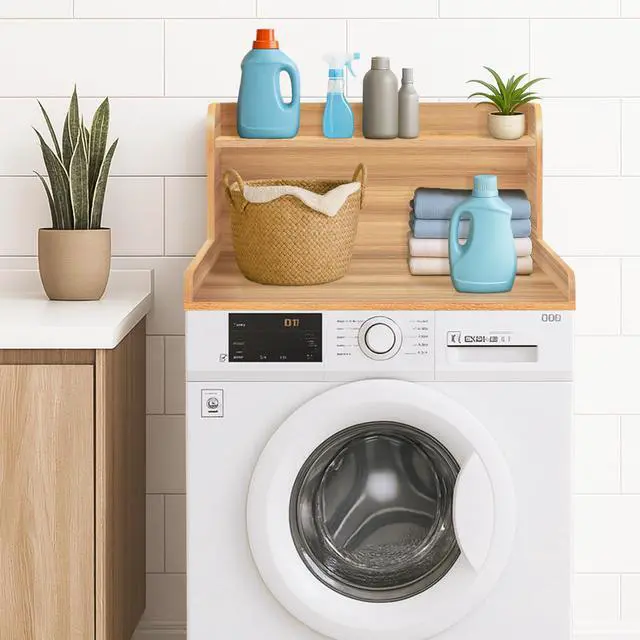 Alt view image 2 of 6 - Washer Dryer Countertop with Shelf,2-Tier Laundry Countertop for Single Washer and Dryer,Soild Wood Core Washer Dryer Topper for Laundry Room Organization (Oak)