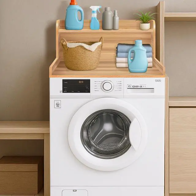 Alt view image 6 of 6 - Washer Dryer Countertop with Shelf,2-Tier Laundry Countertop for Single Washer and Dryer,Soild Wood Core Washer Dryer Topper for Laundry Room Organization (Oak)