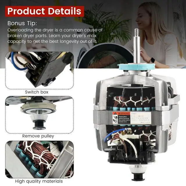 Alt view image 3 of 7 - 0EM 279827 Dryer Drive Motor with Pulley (Upgraded Blower Shaft Length) by Compatible with MayTag Kitchenaid Kenmore Whirlpool Dryer Motor - Replaces AP3094245, EAP334304, PS334304,W10194250