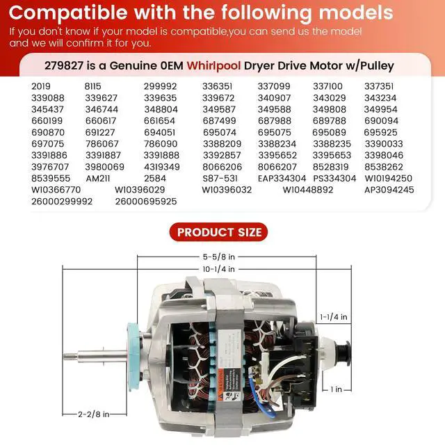 Alt view image 5 of 7 - 0EM 279827 Dryer Drive Motor with Pulley (Upgraded Blower Shaft Length) by Compatible with MayTag Kitchenaid Kenmore Whirlpool Dryer Motor - Replaces AP3094245, EAP334304, PS334304,W10194250