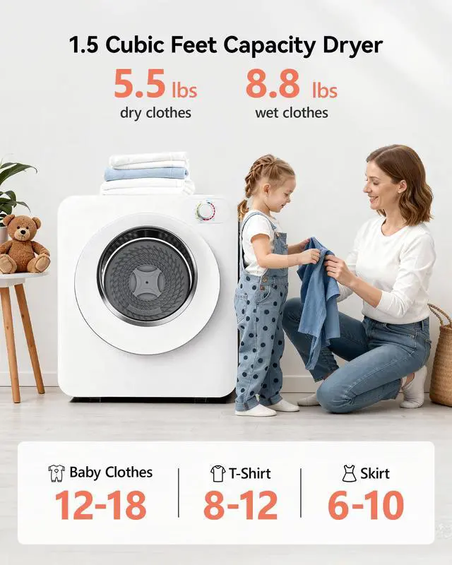 Alt view image 4 of 7 - Portable Clothes Dryer, 1.5 Cu.Ft. Portable Dryer, 850W Drying Machine with Front-Loading Stainless Steel Drum, 5 Functions, Suitable for Apartments, Dorms, RVs, Small Spaces