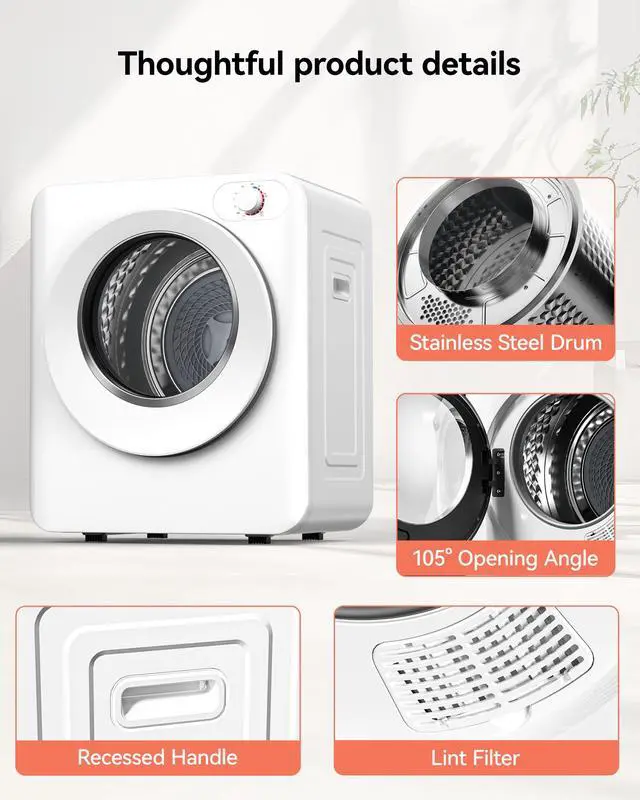 Alt view image 6 of 7 - Portable Clothes Dryer, 1.5 Cu.Ft. Portable Dryer, 850W Drying Machine with Front-Loading Stainless Steel Drum, 5 Functions, Suitable for Apartments, Dorms, RVs, Small Spaces