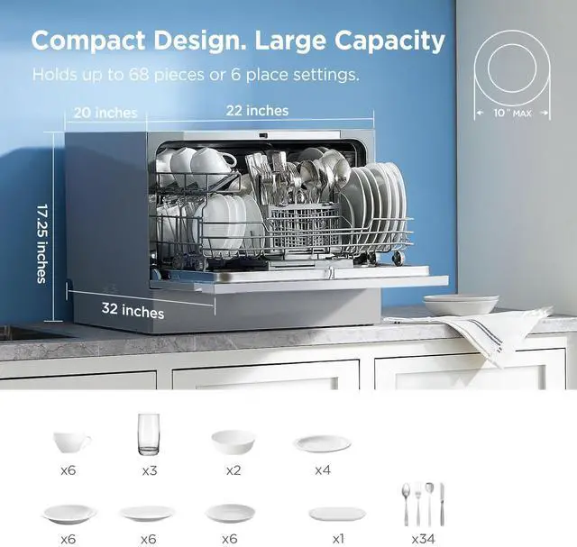 Alt view image 7 of 7 - Countertop Dishwasher Portable, 6 Place Settings, Energy Star | Mini Dishwasher with 6+2 Cycles, 52 dB Quiet & Compact, Perfect for Apartments, Dorms, or RVs, Silver