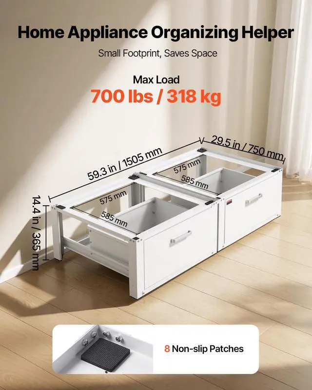 Alt view image 3 of 7 - Laundry Pedestal, 14 in Height, Washer and Dryer Pedestals with Drawer, 700 lbs Weight Load Capacity, Non-Slip Feet, Heavy-duty Steel Washing Machine Stand Universal Fit, White, 2 Pack