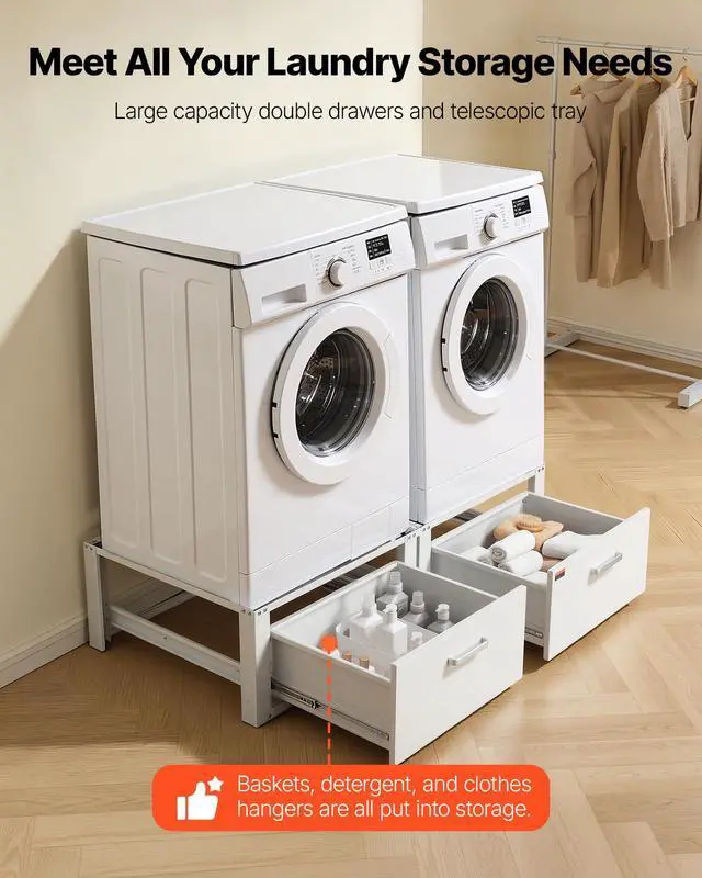Alt view image 5 of 7 - Laundry Pedestal, 14 in Height, Washer and Dryer Pedestals with Drawer, 700 lbs Weight Load Capacity, Non-Slip Feet, Heavy-duty Steel Washing Machine Stand Universal Fit, White, 2 Pack