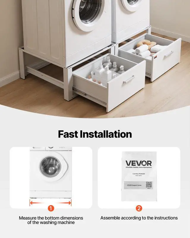 Alt view image 6 of 7 - Laundry Pedestal, 14 in Height, Washer and Dryer Pedestals with Drawer, 700 lbs Weight Load Capacity, Non-Slip Feet, Heavy-duty Steel Washing Machine Stand Universal Fit, White, 2 Pack