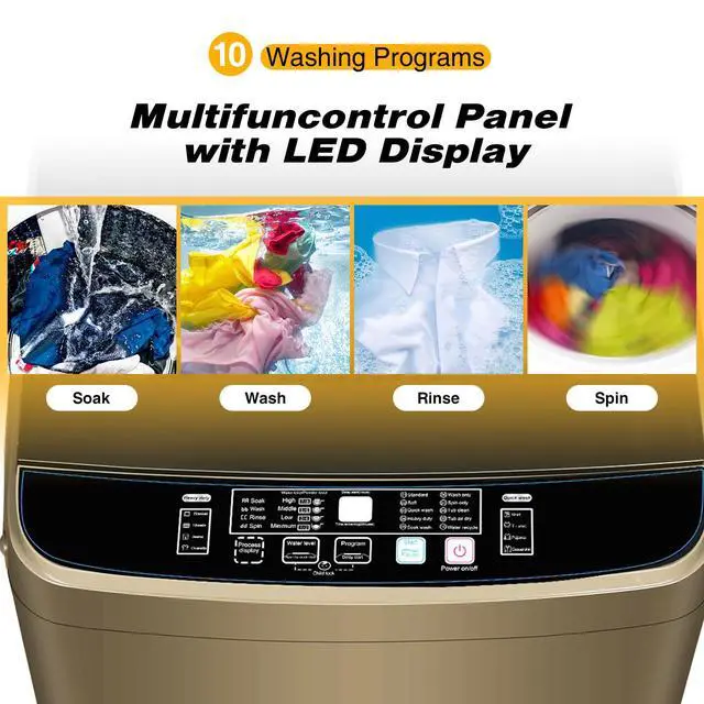 Alt view image 2 of 7 - Portable Washing Machine Full Automatic 17.7lbs Small Washing Machine | 10 Wash Program with Drain Hose, Portable Washer Machine for Apartment Dorm, College, RV, Golden