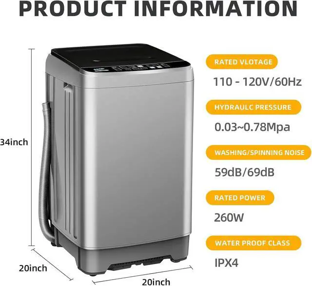 Alt view image 2 of 7 - Portable Washing Machine Full Automatic 17.7lbs Small Washing Machine | 10 Wash Programs, 24hr Timer, Drain Hose, Apartment Washer Machines for RV, Dorm, College, Home, Silver Grey