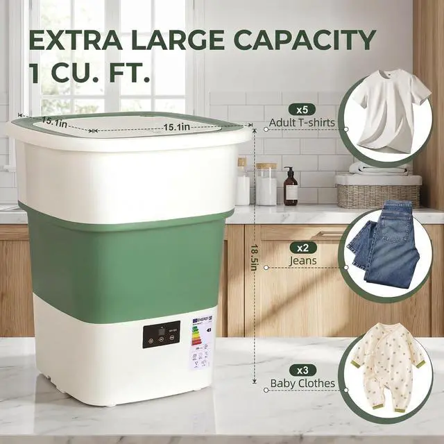 Alt view image 2 of 7 - 1 Cu.Ft Extra Large Portable Washing Machine, Foldable Washer with Powerful 70W Motor & Spin Basket, Compact Laundry Machine for Apartment, Dorm, RV, Camping & Travel (Green1 Cu.Ft)
