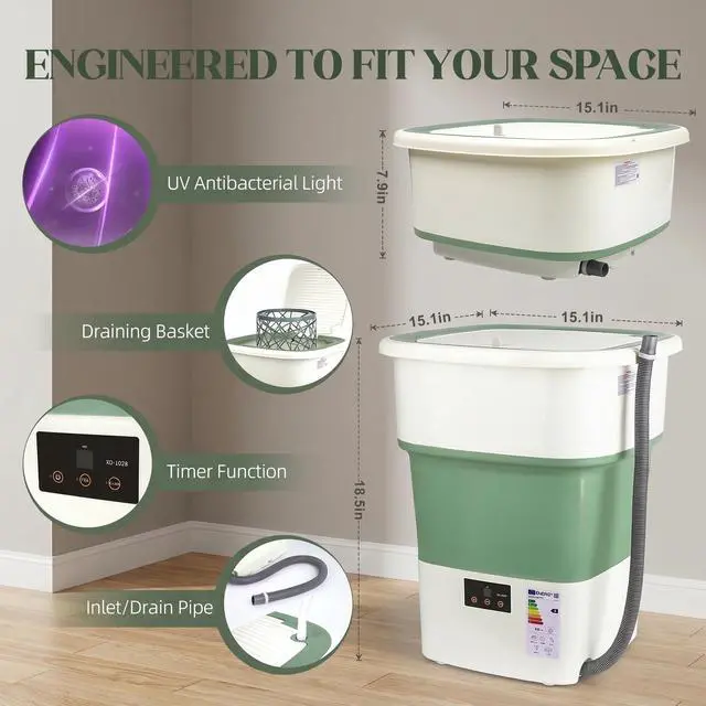 Alt view image 3 of 7 - 1 Cu.Ft Extra Large Portable Washing Machine, Foldable Washer with Powerful 70W Motor & Spin Basket, Compact Laundry Machine for Apartment, Dorm, RV, Camping & Travel (Green1 Cu.Ft)