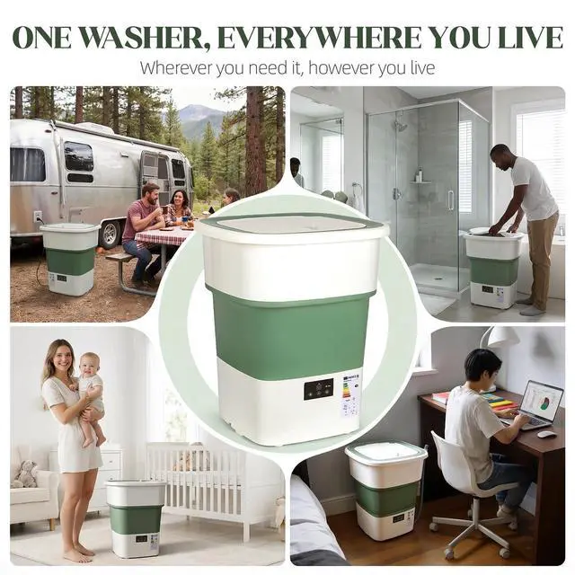 Alt view image 7 of 7 - 1 Cu.Ft Extra Large Portable Washing Machine, Foldable Washer with Powerful 70W Motor & Spin Basket, Compact Laundry Machine for Apartment, Dorm, RV, Camping & Travel (Green1 Cu.Ft)
