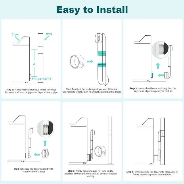 Alt view image 7 of 7 - Periscope Dryer Vent, 29-45" Telescoping Dryer Vent Stainless Steel Adjustable Dryer Vent for Tight Space Flat Duct Slim Exhaust Pipe Hose Space-saving Adapter Connector Kit for 4 inch Outlet