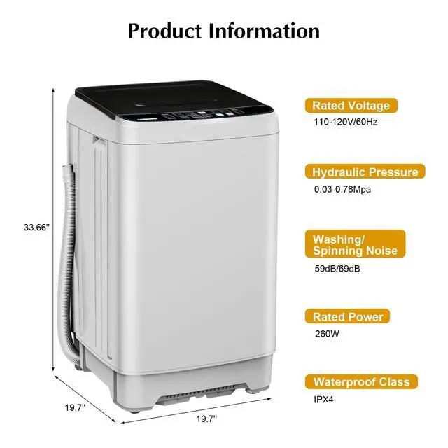 Alt view image 5 of 7 - Portable Washing Machine Full Automatic Portable Washer 17.7lbs, 24hr Timer | Small Washing Machine 10 Wash Programs, Drain Hose, Apartment Washer Machines for RV, Dorm, College, Home, Off-White
