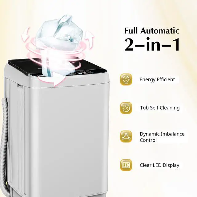 Alt view image 4 of 7 - Portable Washing Machine Full Automatic Portable Washer 17.7lbs, 24hr Timer | Small Washing Machine 10 Wash Programs, Drain Hose, Apartment Washer Machines for RV, Dorm, College, Home, Off-White