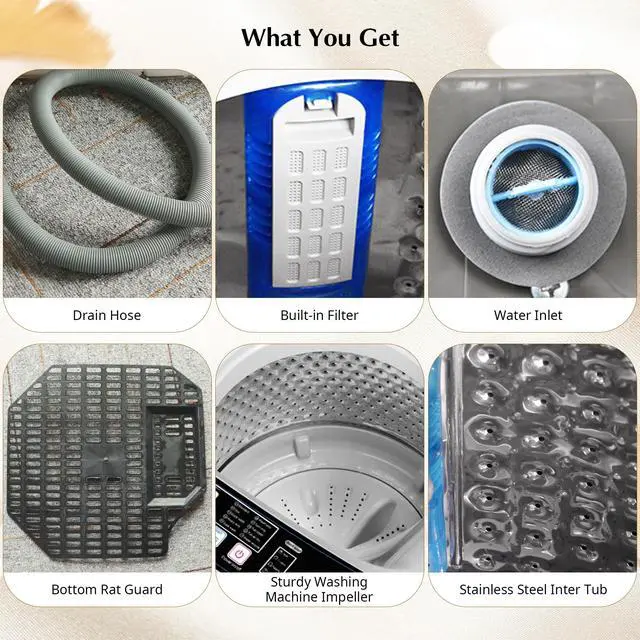 Alt view image 6 of 7 - Portable Washing Machine Full Automatic Portable Washer 17.7lbs, 24hr Timer | Small Washing Machine 10 Wash Programs, Drain Hose, Apartment Washer Machines for RV, Dorm, College, Home, Off-White