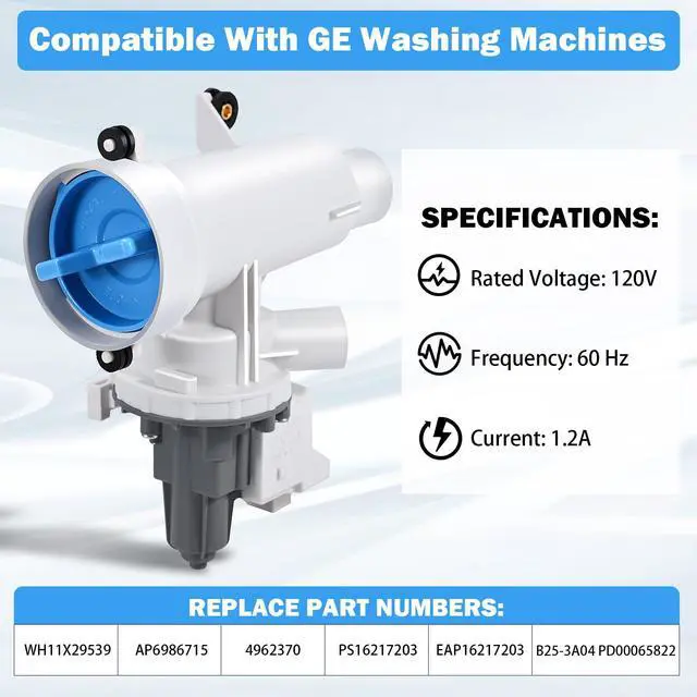 Alt view image 6 of 7 - Upgraded WH11X29539 WH11X39237 Washer Drain Pump & Filter Assembly | Compatible with GE Front Load Washer, Replaces AP6986715 PS16217203 EAP16217203 4962370 B25-3A04 PD00065822