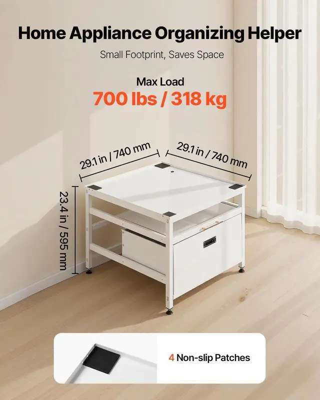 Alt view image 3 of 7 - Laundry Pedestal, 23 in Height, 29 x 29 in Washer and Dryer Pedestals with Pull-out Tray and Storage Space, 700 lbs Load Capacity, Non-Slip Feet Washing Machine Stand Universal Fit, White