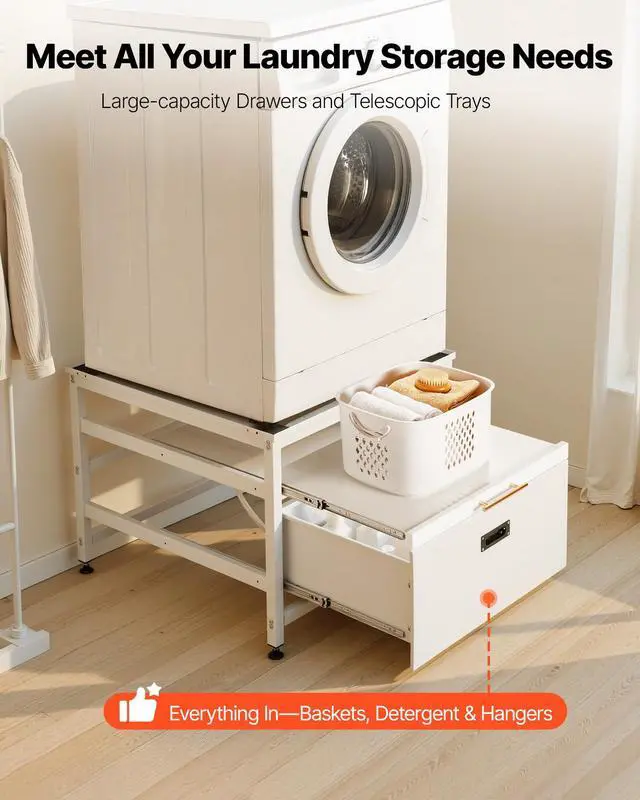 Alt view image 5 of 7 - Laundry Pedestal, 23 in Height, 29 x 29 in Washer and Dryer Pedestals with Pull-out Tray and Storage Space, 700 lbs Load Capacity, Non-Slip Feet Washing Machine Stand Universal Fit, White