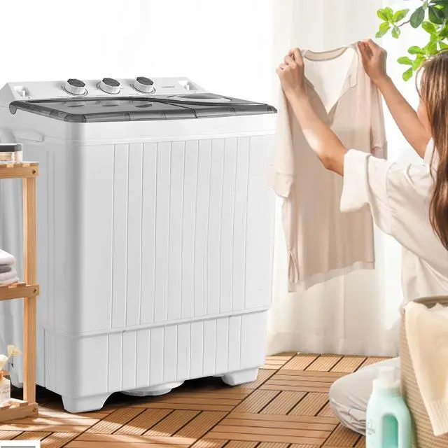 Alt view image 2 of 7 - Portable Washing Machine, Twin Tub 26lbs Capacity Laundry, 18lbs Washer and 8lbs Spinner Combo with Timer Knobs, Built-in Drain Pump, Compact Washer for Home Dorm Apartment (Grey+White)