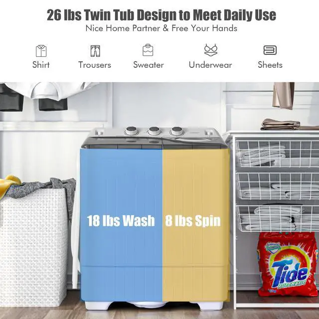Alt view image 4 of 7 - Portable Washing Machine, Twin Tub 26lbs Capacity Laundry, 18lbs Washer and 8lbs Spinner Combo with Timer Knobs, Built-in Drain Pump, Compact Washer for Home Dorm Apartment (Grey+White)