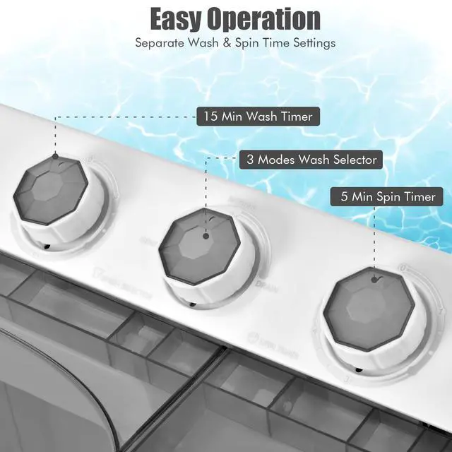 Alt view image 5 of 7 - Portable Washing Machine, Twin Tub 26lbs Capacity Laundry, 18lbs Washer and 8lbs Spinner Combo with Timer Knobs, Built-in Drain Pump, Compact Washer for Home Dorm Apartment (Grey+White)