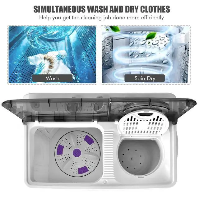 Alt view image 6 of 7 - Portable Washing Machine, Twin Tub 26lbs Capacity Laundry, 18lbs Washer and 8lbs Spinner Combo with Timer Knobs, Built-in Drain Pump, Compact Washer for Home Dorm Apartment (Grey+White)