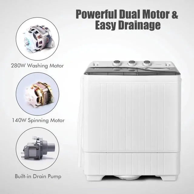 Alt view image 7 of 7 - Portable Washing Machine, Twin Tub 26lbs Capacity Laundry, 18lbs Washer and 8lbs Spinner Combo with Timer Knobs, Built-in Drain Pump, Compact Washer for Home Dorm Apartment (Grey+White)