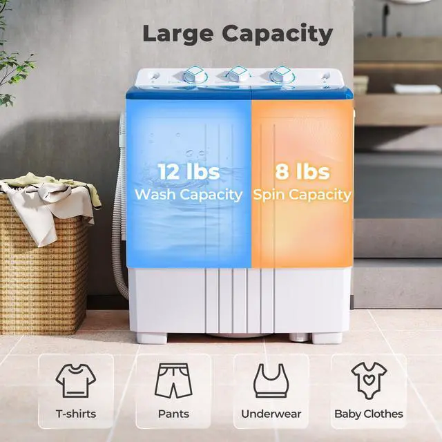 Alt view image 2 of 7 - Portable Washing Machine, 20 LBS Washer & Spinner Combo with Built-in Drain Pump & Time Control, Compact Twin Tub 12 LBS Washing & 8 LBS Spin Drying for Apartment Dorm RV (Blue+White)