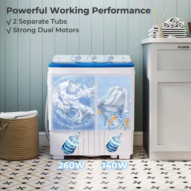 Alt view image 3 of 7 - Portable Washing Machine, 20 LBS Washer & Spinner Combo with Built-in Drain Pump & Time Control, Compact Twin Tub 12 LBS Washing & 8 LBS Spin Drying for Apartment Dorm RV (Blue+White)