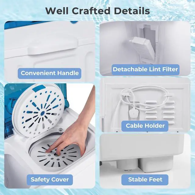 Alt view image 7 of 7 - Portable Washing Machine, 20 LBS Washer & Spinner Combo with Built-in Drain Pump & Time Control, Compact Twin Tub 12 LBS Washing & 8 LBS Spin Drying for Apartment Dorm RV (Blue+White)