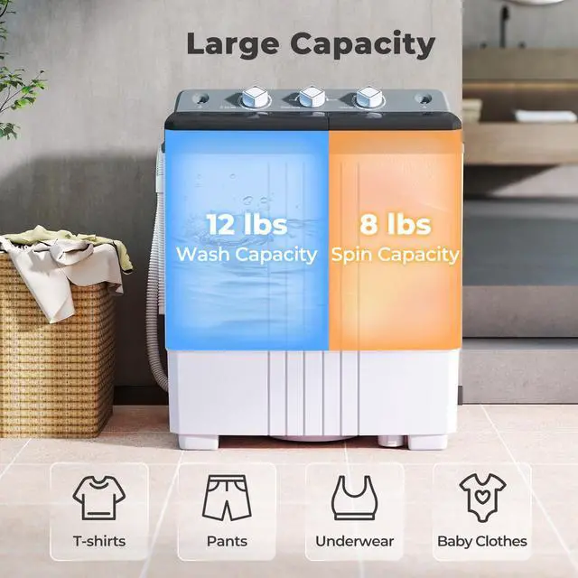 Alt view image 2 of 7 - Portable Washing Machine, 20 LBS Washer & Spinner Combo with Built-in Drain Pump & Time Control, Compact Twin Tub 12 LBS Washing & 8 LBS Spin Drying for Apartment Dorm RV (Grey+White)