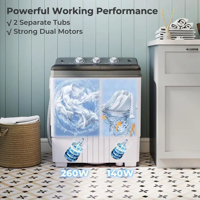 Alt view image 3 of 7 - Portable Washing Machine, 20 LBS Washer & Spinner Combo with Built-in Drain Pump & Time Control, Compact Twin Tub 12 LBS Washing & 8 LBS Spin Drying for Apartment Dorm RV (Grey+White)