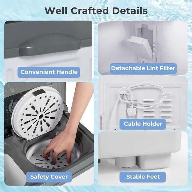 Alt view image 7 of 7 - Portable Washing Machine, 20 LBS Washer & Spinner Combo with Built-in Drain Pump & Time Control, Compact Twin Tub 12 LBS Washing & 8 LBS Spin Drying for Apartment Dorm RV (Grey+White)
