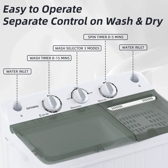 Alt view image 2 of 7 - Portable Washing Machine, Twin Tub 9.9 Lbs Capacity, Washer(7.7 Lbs) and Spinner(2.2 Lbs) Combo, Mini Compact Laundry Washer for Home, Apartment, Camping, RVs and Dorms, Black/White