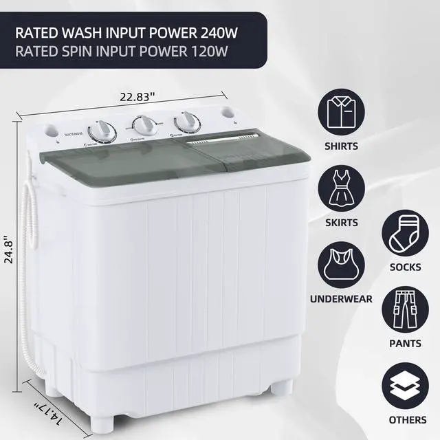 Alt view image 3 of 7 - Portable Washing Machine, Twin Tub 9.9 Lbs Capacity, Washer(7.7 Lbs) and Spinner(2.2 Lbs) Combo, Mini Compact Laundry Washer for Home, Apartment, Camping, RVs and Dorms, Black/White