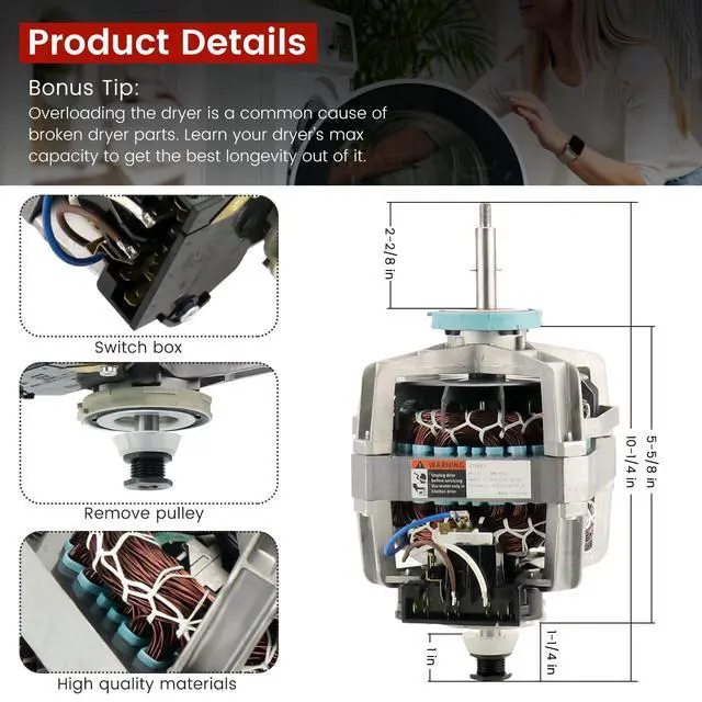 Alt view image 3 of 7 - 0EM 279827 Dryer Drive Motor with Pulley (Upgraded Blower Shaft Length) by - Compatible with MayTag Kitchenaid Kenmore Whirlpool Dryer Motor Replaces AP3094245, EAP334304, PS334304,W10194250