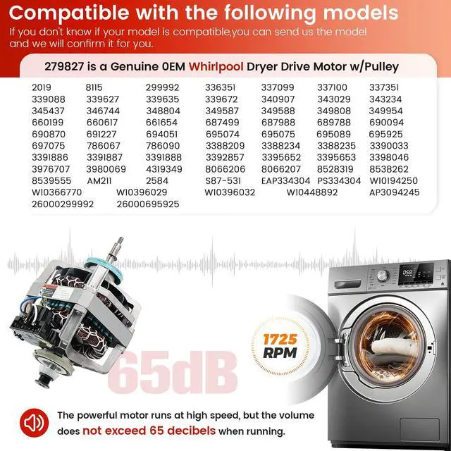 Alt view image 5 of 7 - 0EM 279827 Dryer Drive Motor with Pulley (Upgraded Blower Shaft Length) by - Compatible with MayTag Kitchenaid Kenmore Whirlpool Dryer Motor Replaces AP3094245, EAP334304, PS334304,W10194250