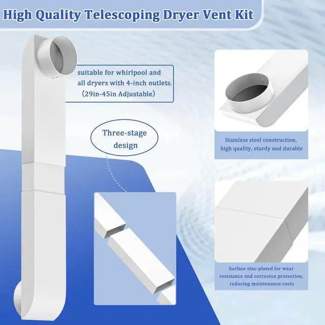 Alt view image 7 of 7 - 4" Periscope Dryer Vent, Upgraded 29-45" Adjustable Telescoping Dryer Vent, Stainless Steel Slim Flat Design for Tight Spaces, Low Profile Dryer Vent Kit with Foil Tape, Fits Laundry Venting