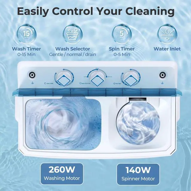 Alt view image 4 of 7 - Washing Machine, 20Lbs Capacity, Washer and Spinner Combo, Portable Compact Twin Tub 12Lbs Washing and 8Lbs Spinning, Inlet and Drain Hose, Laundry Washer for Apartment RV Dorm